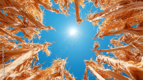 Upward view of dried cornstalks reaching towards a bright blue sky with the sun shining directly overhead photo