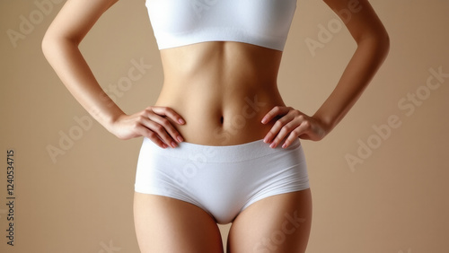 Female torso with taut abs, perfect female figure, Fitness and wellness lifestyle - athletic female torso in white sportswear for health and exercise inspiration