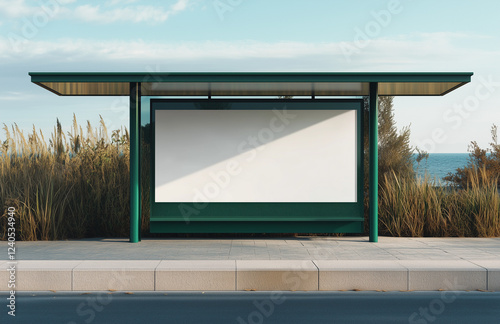 Cartellone pubblicitario bianco alla fermata dell'autobus. Spazio per testo o immagine.