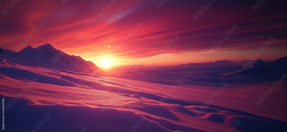 Breathtaking sunset over snow-covered mountains, vibrant colors illuminating the sky, serene winter landscape, majestic peaks in the distance, copy space for text Breathtaking sunset over snow-covered mountains, vibrant colors illuminating the sky, serene winter landscape, majestic peaks in the distance, copy space for text