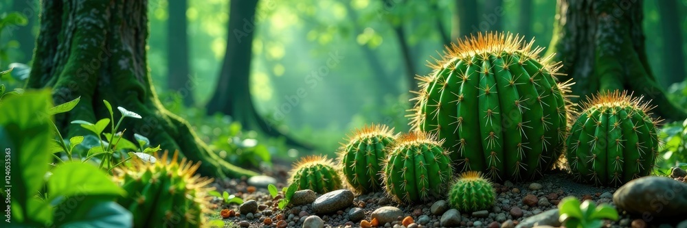 Prickly big green tropical cacti in a lush forest, flora, nature, succulent Prickly big green tropical cacti in a lush forest, flora, nature, succulent