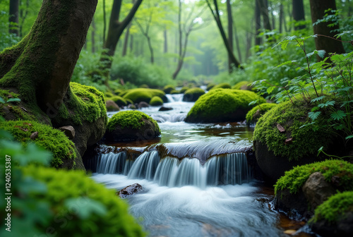 Tranquil natural scene with a waterfall and moss-covered rocks