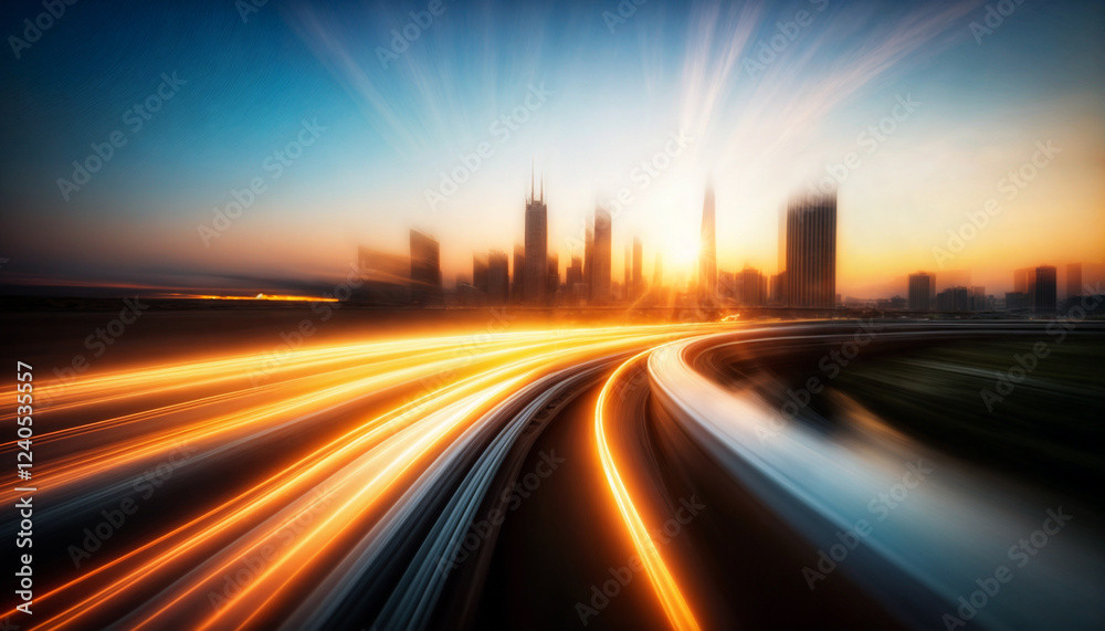 The image captures a futuristic cityscape at sunset with dynamic light trails curving toward the skyline. The image captures a futuristic cityscape at sunset with dynamic light trails curving toward the skyline.