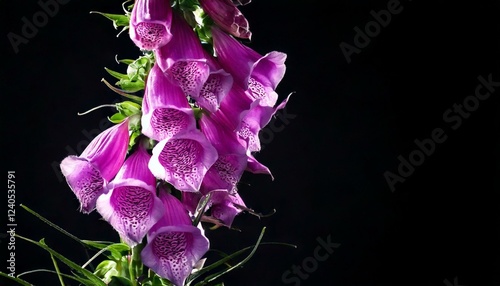 close up of Digitalis flower, black background, copy space photo