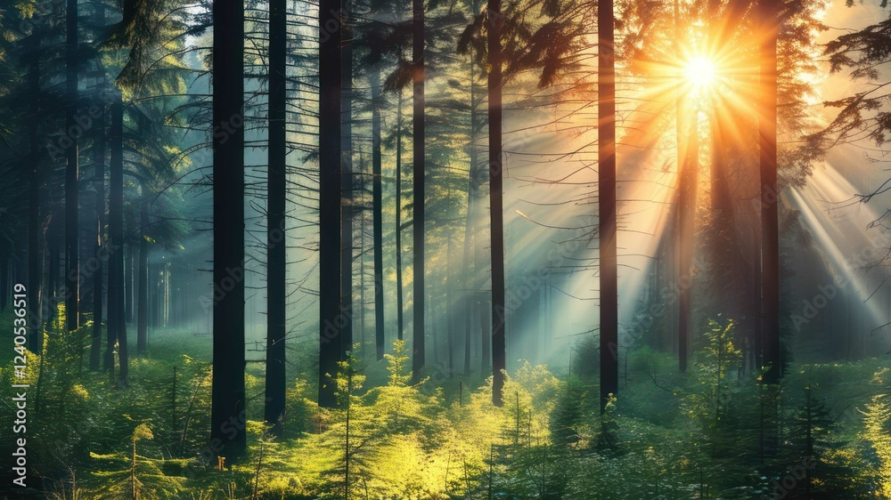 Obraz premium Sunlight filtering through dense trees in a serene forest
