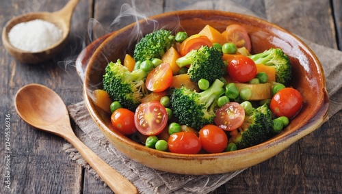 Wallpaper Mural Steaming vegetable medley in bowl, wooden background, healthy food photography, recipe illustration Torontodigital.ca