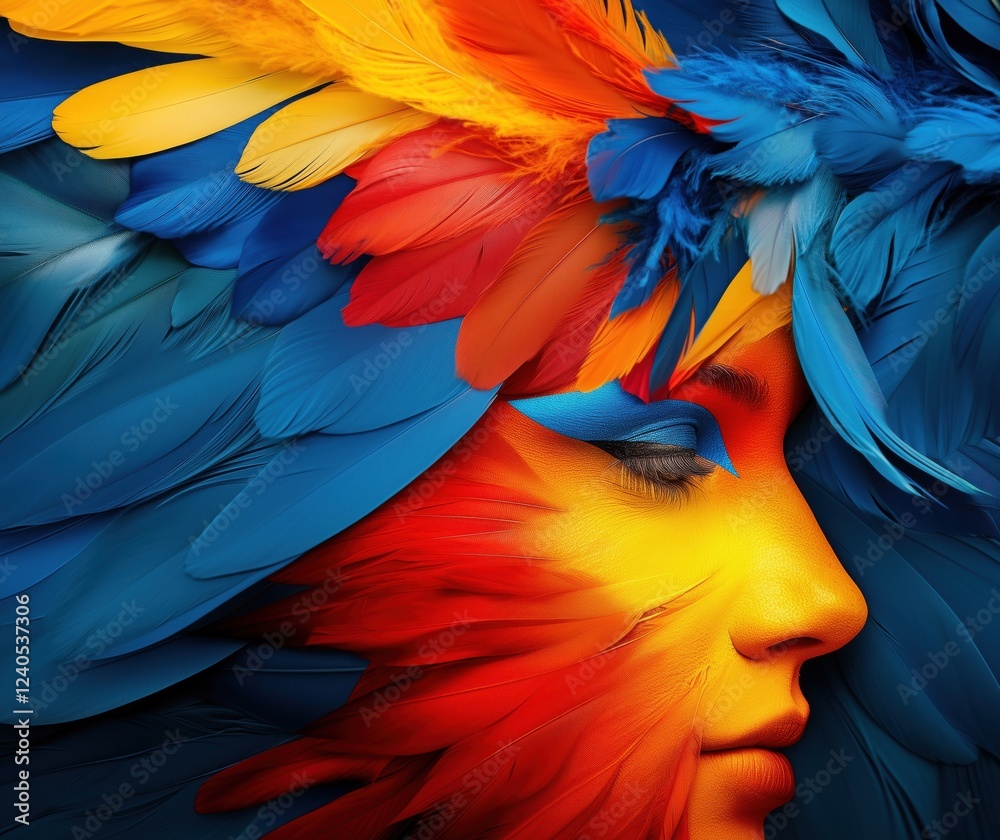 Fototapeta premium Vibrant Feathered Face Art with Blue, Orange, and Yellow Colors, Showcasing Intricate Details and Textures, copy space for text