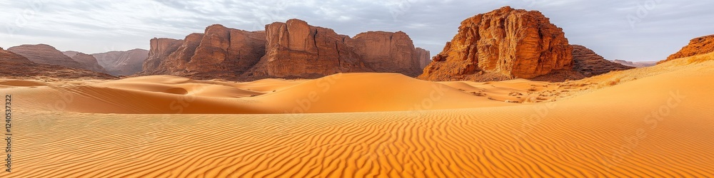 Fototapeta premium Majestic Desert Landscape with Rolling Sand Dunes and Rugged Rock Formations under a Blue Sky - Explore Nature's Beauty in Vast Arid Wilderness