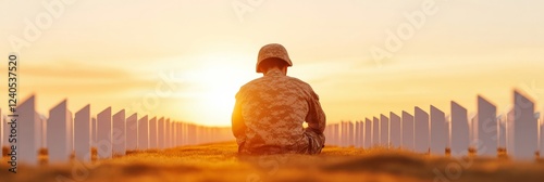 Sunset Reflection Soldier in Camouflage Uniform Amidst Battlefield Cross Formation - Honoring Fallen Comrades in Military Memorials for Civic Spaces and Commemorative Ceremonies photo