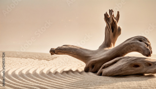 The image features a beautifully weathered piece of driftwood resting on finely textured sand with natural wave patterns. 