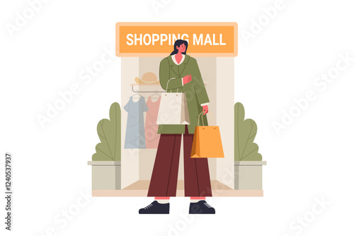 Trendy Woman with Shopping Bags in Flat Style