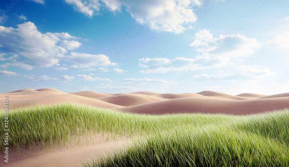 Obraz premium Lush Green Grass Waving Gently on Rolling Sand Dunes Under a Bright Blue Sky with Soft White Clouds and Sunlight Illuminating the Landscape