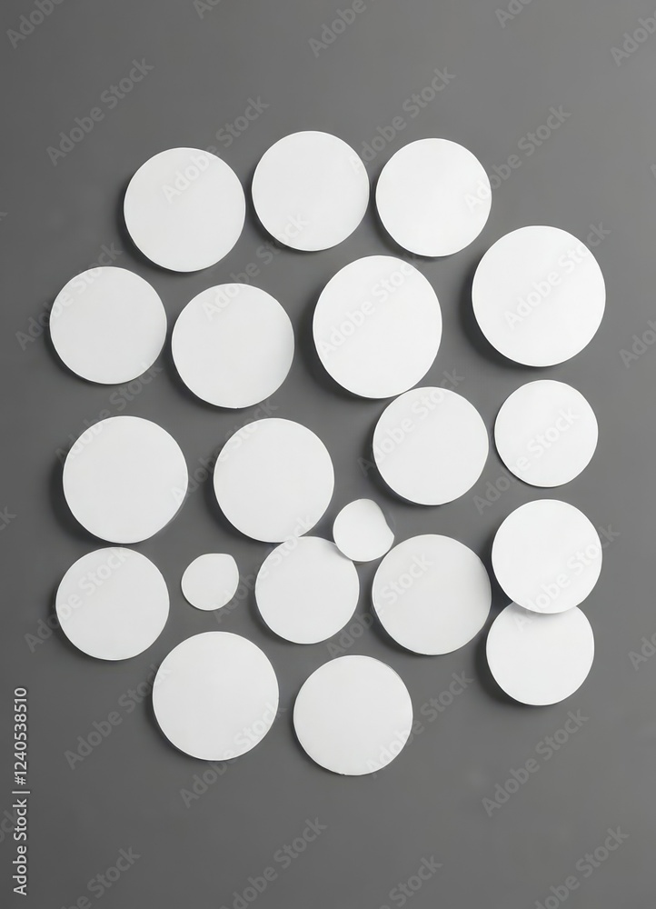 Set of blank round adhesive paper stickers with varying shapes and sizes on a white background, craft projects , stationery Set of blank round adhesive paper stickers with varying shapes and sizes on a white background, craft projects , stationery