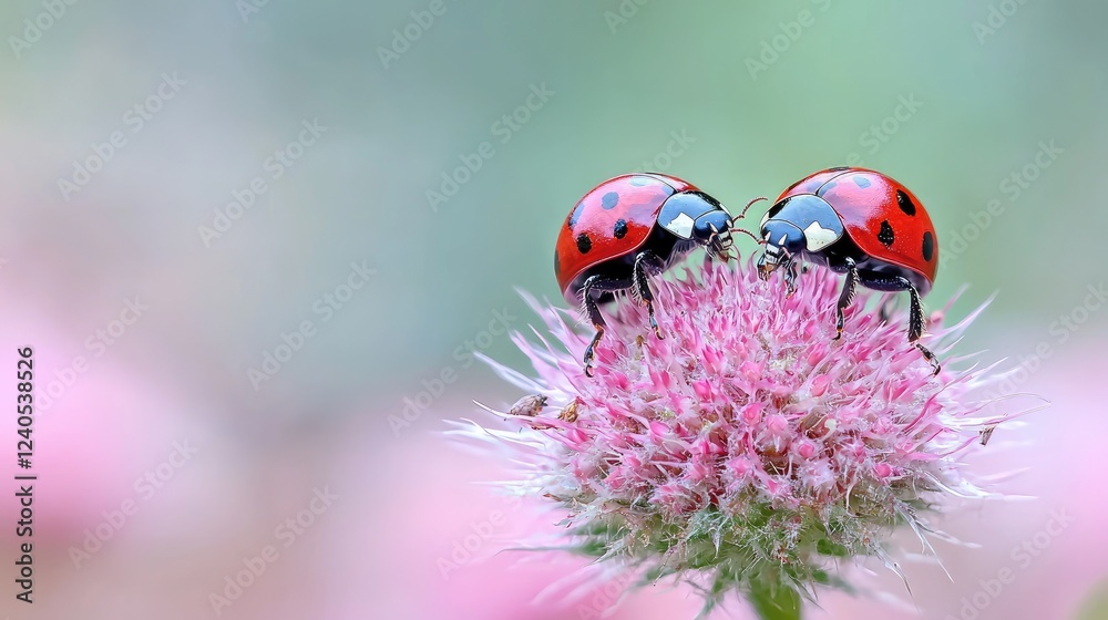 Two ladybugs mating on pink flower, blurred background, nature close-up Two ladybugs mating on pink flower, blurred background, nature close-up