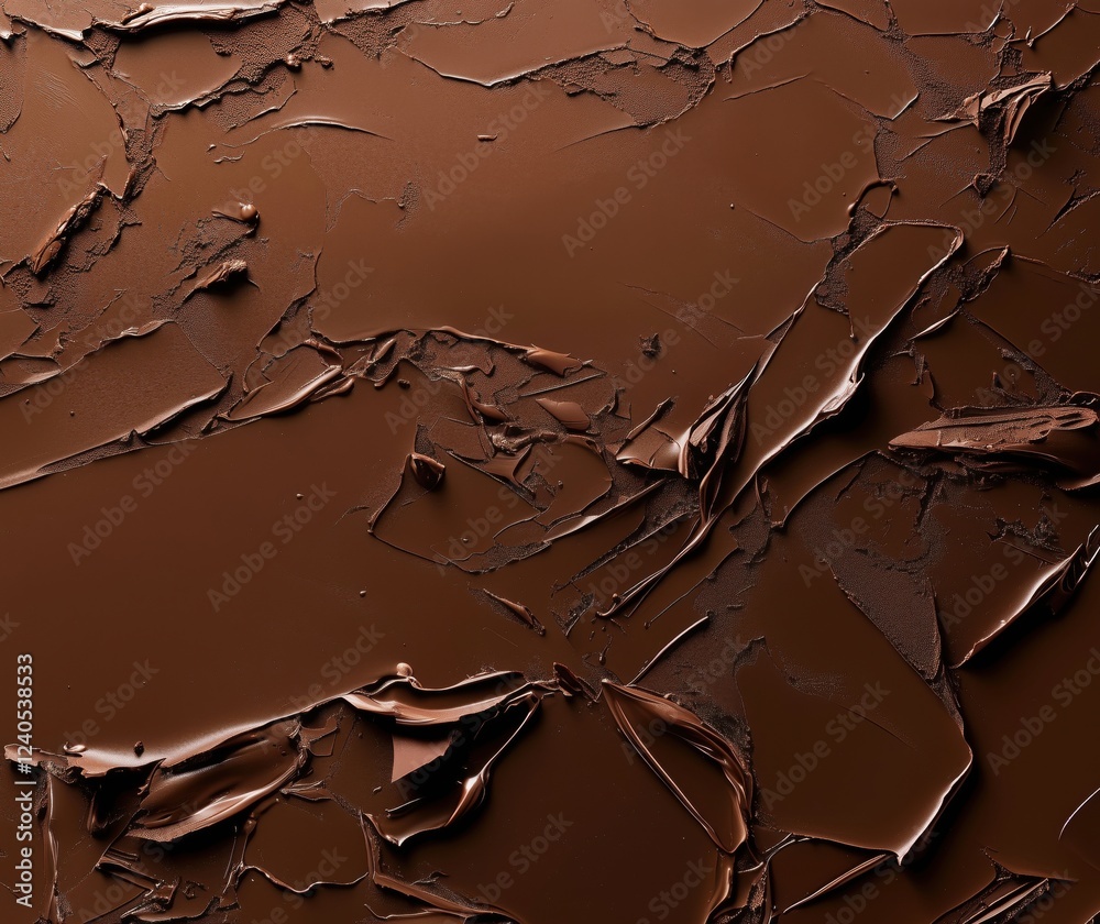 Fototapeta premium Rich, textured chocolate surface with intricate patterns and glossy finish, showcasing deep brown hues and smooth layers, copy space for text