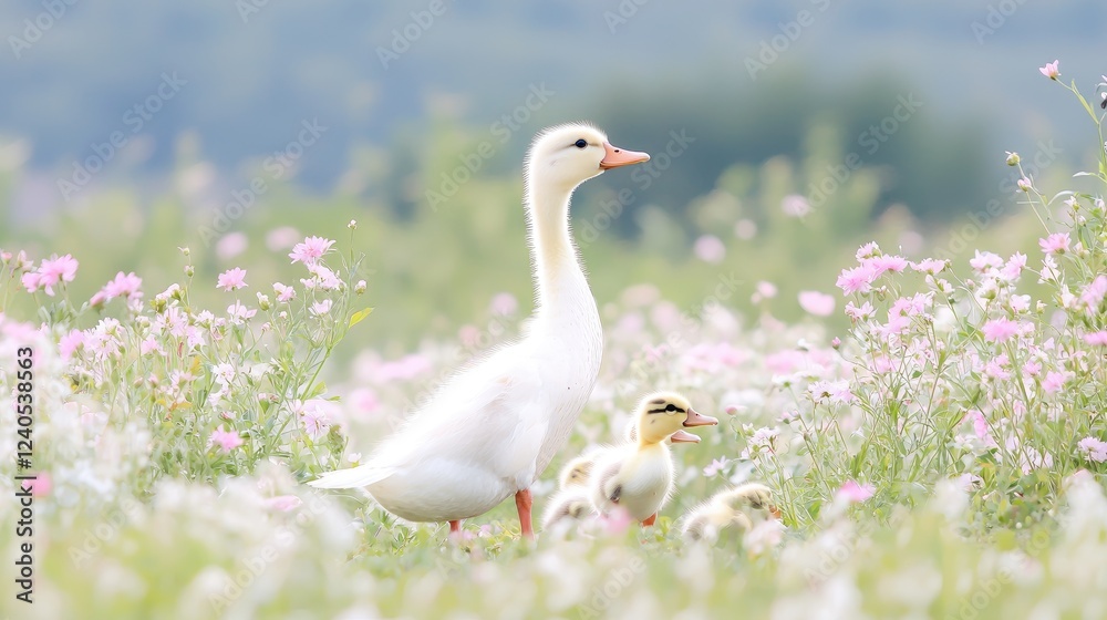 White ducklings and mother in flower field White ducklings and mother in flower field