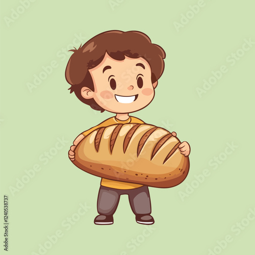 Happy Cute Kid Boy Holding Fresh Bread vector illustration 