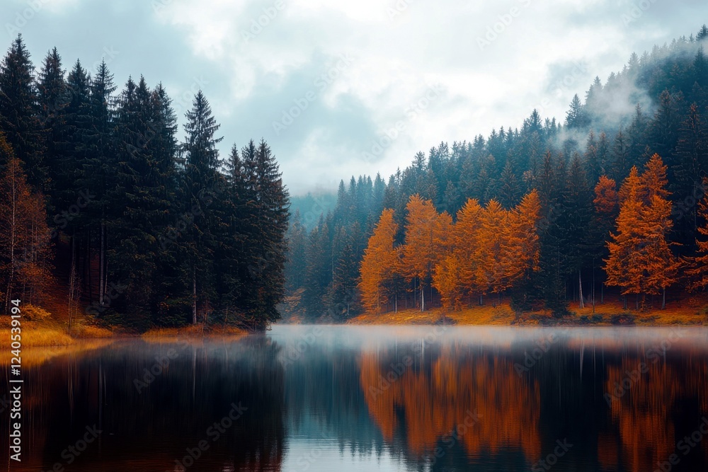 Fototapeta premium Serene Autumn Landscape with Misty Lake and Colorful Trees Reflecting on Water Surface in a Calm Forest Setting