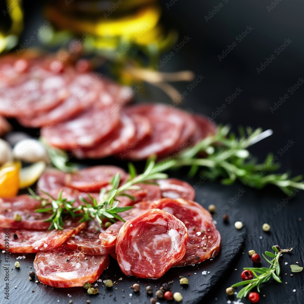 Cured meats platter featuring sliced salami, garnished with fresh herbs and spices, showcasing vibrant colors and textures, copy space for text Cured meats platter featuring sliced salami, garnished with fresh herbs and spices, showcasing vibrant colors and textures, copy space for text