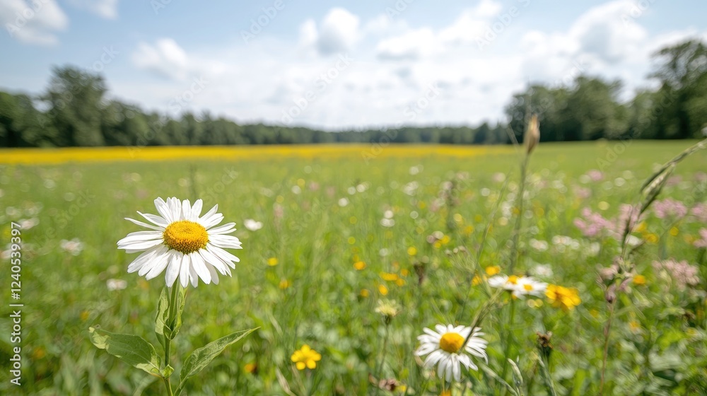 Daisy in Summer Meadow, Sunny Day, Rural Scene, Nature Background Daisy in Summer Meadow, Sunny Day, Rural Scene, Nature Background