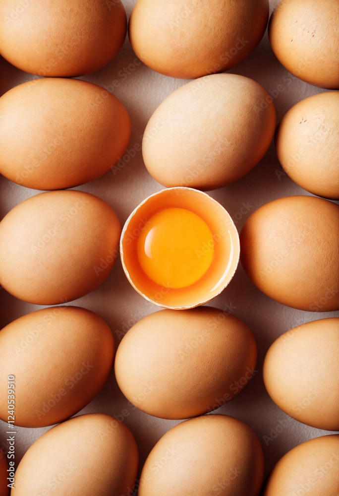 The image features a visually appealing arrangement of whole brown eggs with one cracked open, revealing a vibrant golden yolk. The image features a visually appealing arrangement of whole brown eggs with one cracked open, revealing a vibrant golden yolk.