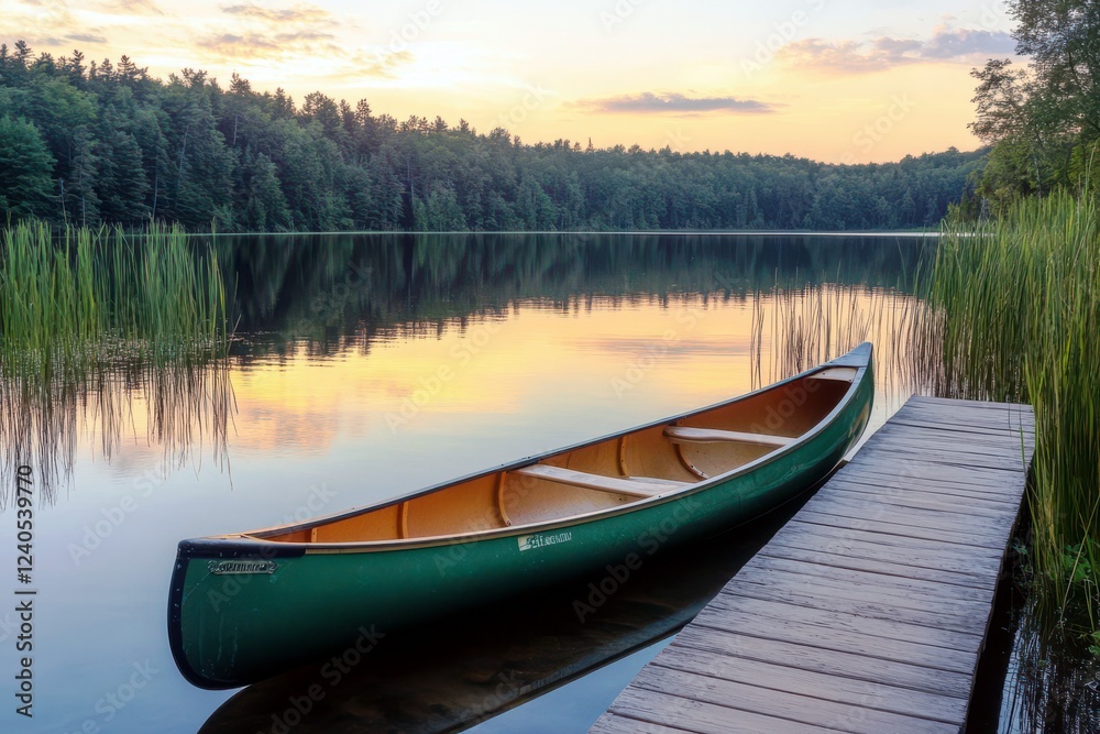 Serene Sunset Reflection Over Calm Lake with Canoe and Lush Green Vegetation in Scenic Nature Landscape Serene Sunset Reflection Over Calm Lake with Canoe and Lush Green Vegetation in Scenic Nature Landscape