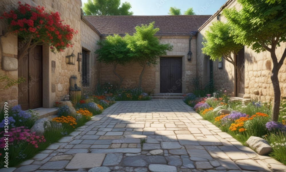 Obraz premium Small stone floored courtyard with a few trees and flowers, garden, trees