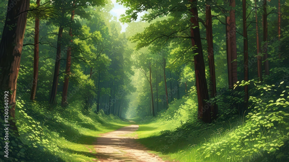 Obraz premium A serene forest path surrounded by lush green foliage