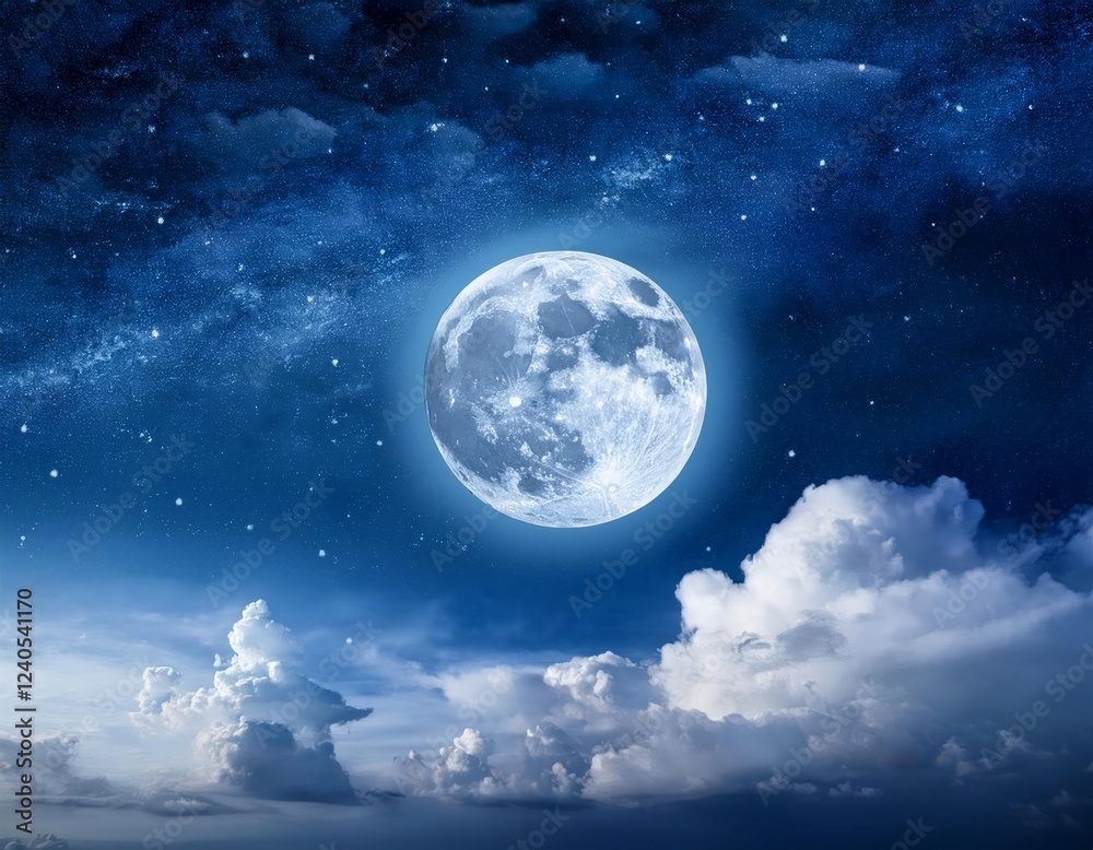 Fototapeta premium A bright full moon illuminates a night sky filled with fluffy clouds and twinkling stars