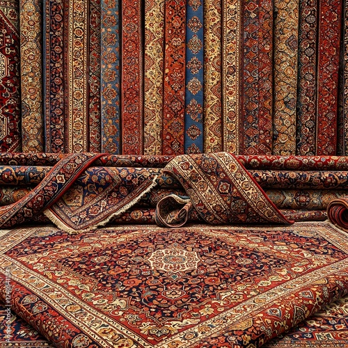 Arranged Persian carpets with a variety of patterns and colors in unique design
