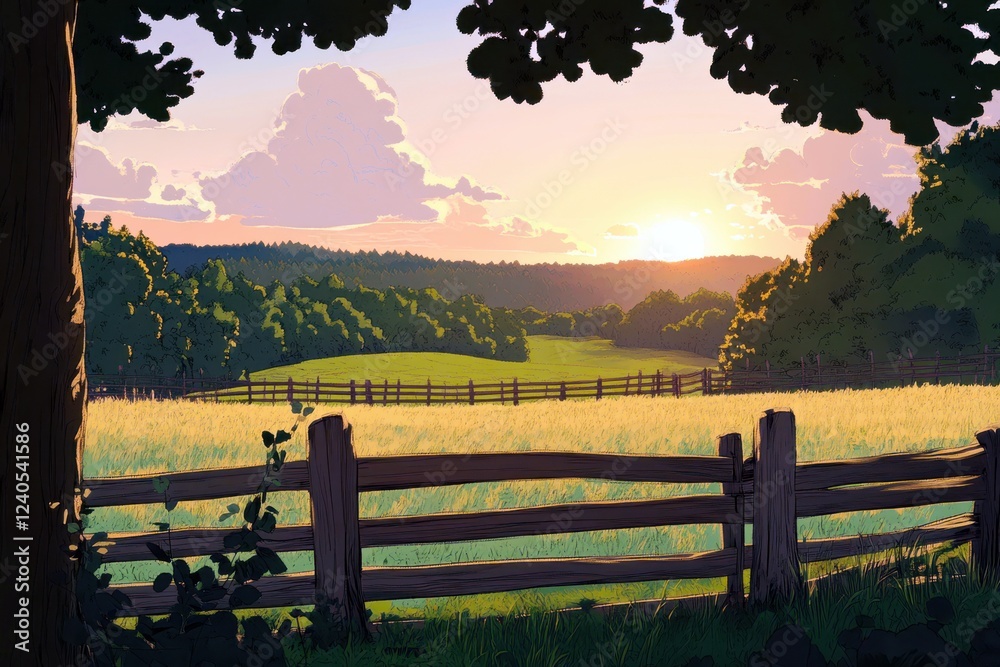 Obraz premium Serene Sunset Overrolling Meadows with Wooden Fence Framing a Peaceful Landscape in Vibrant Colors of Nature and Sky at Dusk