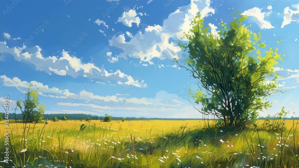 Fototapeta premium A vibrant landscape featuring a lush tree and golden fields under blue sky