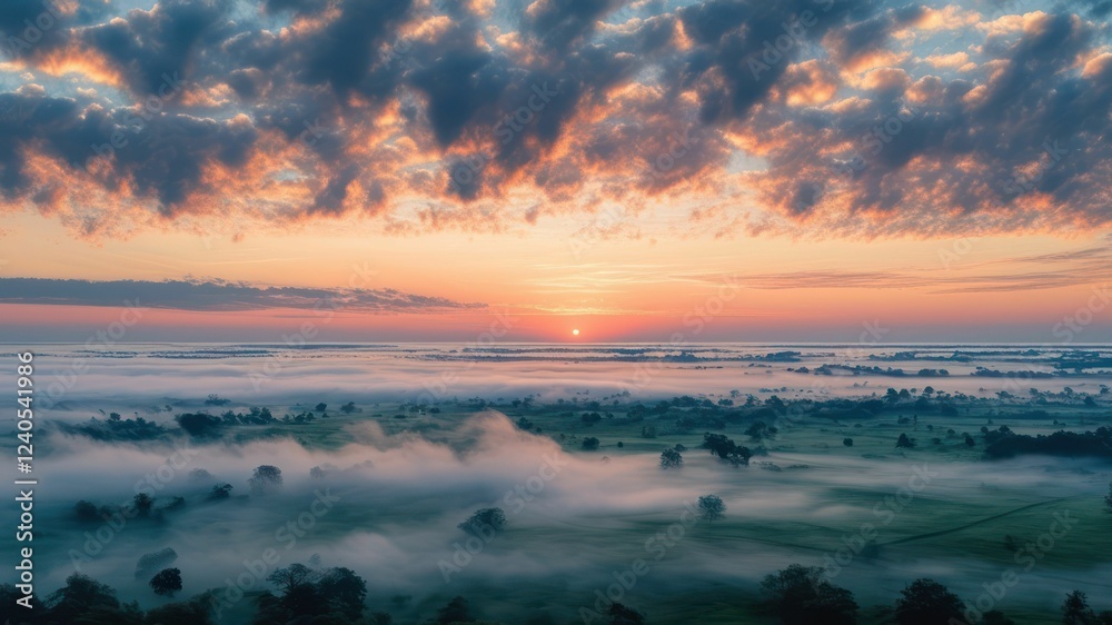 Obraz premium Serene sunrise over a misty landscape with rolling hills and clouds