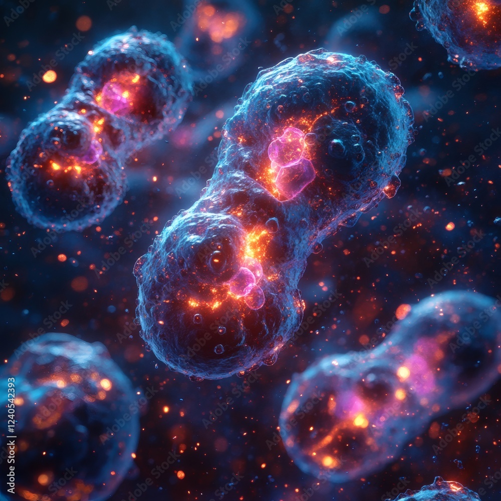 Ultradetailed microscope view of the cell division process in 8k with vibrant blue and pink chromosomes illuminated by bright light capturing the complexity of cellular separation Ultradetailed microscope view of the cell division process in 8k with vibrant blue and pink chromosomes illuminated by bright light capturing the complexity of cellular separation