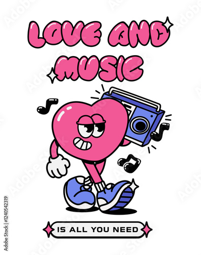  Cartoon groove hearts character mascot. Cute symbols of love walking pose with a tape recorder in their hands. Playful cheeky happy heart in trendy retro comic style