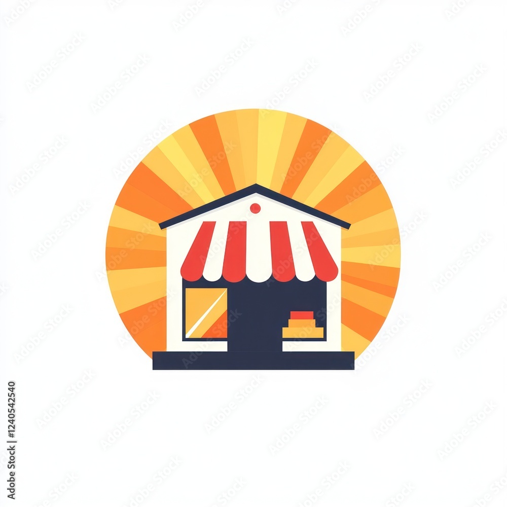 Obraz premium Sunny storefront; shop opening; goods inside; sunrise backdrop; business illustration