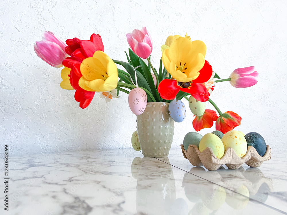 An Easter card. Colorful bright tulips decorated with eggs stand in a vase on the table next to colorful eggs