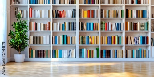 Modern spacious interior featuring a well-organized bookcase with colorful books, bright natural light and a decorative plant in a minimalistic room