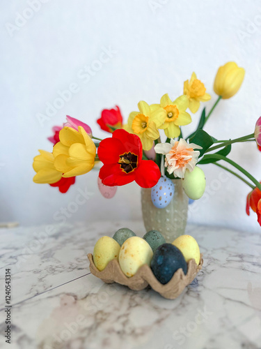 Obraz na płótnie An Easter card. Colorful bright tulips decorated with eggs are in a vase on the table next to colorful eggs. Vertical photography w salonie