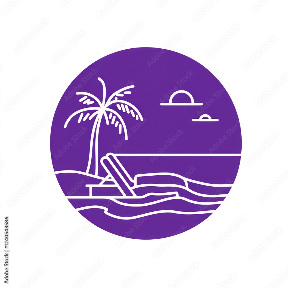 Fototapeta premium Beach chairs, palm tree, ocean sunset; vacation relaxation