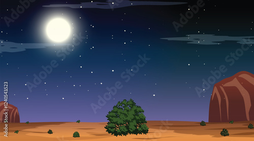 Meadow with grass, pond, conifers and hills on horizon at night. Vector illustration of summer landscape of field or pasture with plants, lake, full moon and stars in dark sky