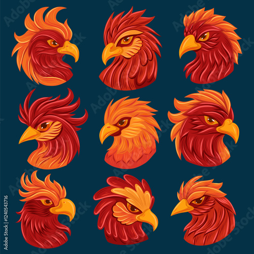 Vector collection of red phoenix portraits on dark background. Set of fable parrot heads in cartoon fantasy style. Hand drawn fire birds isolated from background.