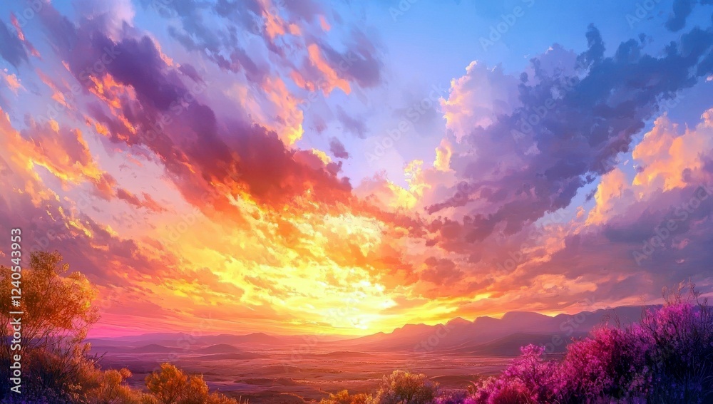 Obraz premium Breathtaking Sunrise Over Mountains with Colorful Clouds and Vibrant Sky Blending Shades of Orange, Pink, Purple and Blue in a Scenic Landscape