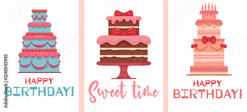 Vector set of birthday cards with cakes and lettering. Collection of festive vertical banners with sweet treats and wishes. Sweet time