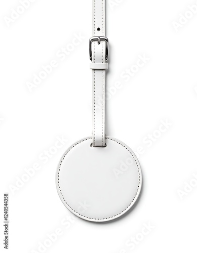 White leather round luggage tag isolated on white background