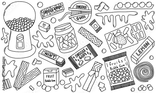 Bubble gum doodle vector set. Hand drawn kinds of bubble gum sketch set. Chewing pads with mint, bubblegum roll, balls, pillows and sticks.
