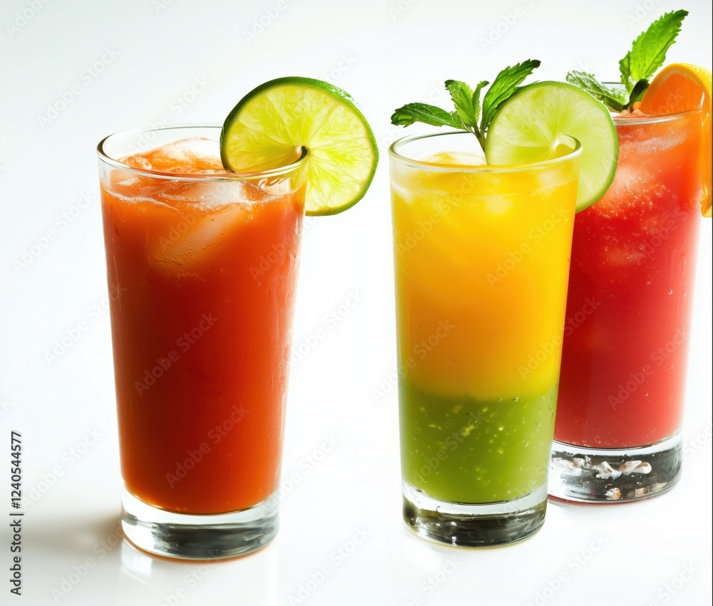 Colorful refreshing summer cocktails with lime and mint garnishes, featuring vibrant orange, yellow, and green layers, copy space for text Colorful refreshing summer cocktails with lime and mint garnishes, featuring vibrant orange, yellow, and green layers, copy space for text