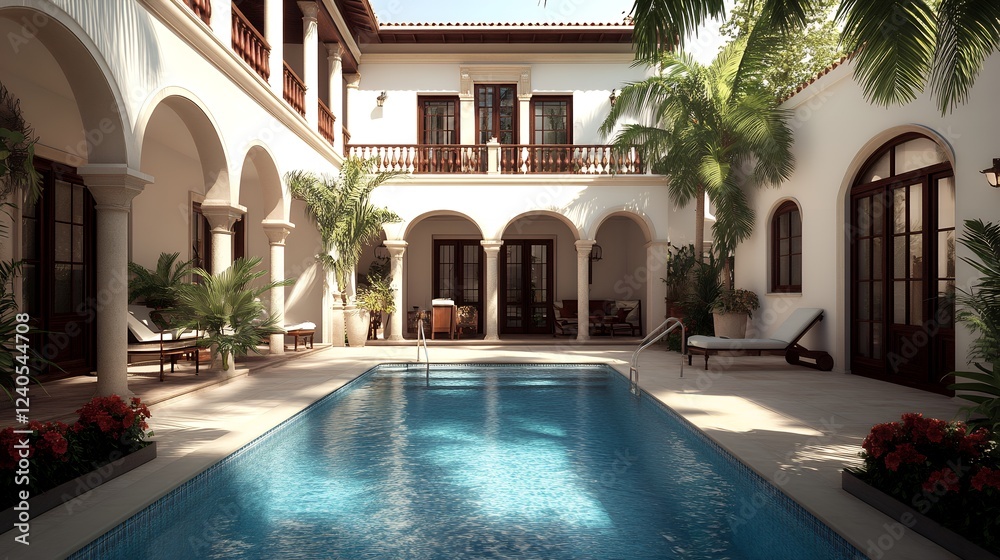 Obraz premium Luxurious Spanish-style courtyard with a refreshing swimming pool, surrounded by lush greenery and elegant architecture