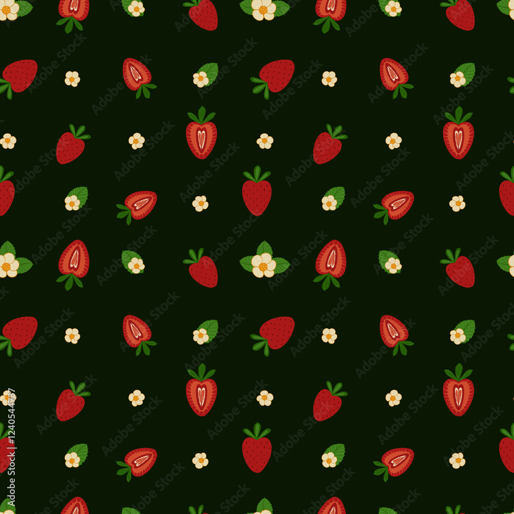Seamless pattern of whole and halved strawberries, leaves, and small white flowers on a dark green background. Seamless pattern of whole and halved strawberries, leaves, and small white flowers on a dark green background.