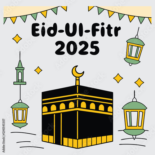 A stylized Kaaba silhouette with glowing lanterns and "Eid-ul-Fitr 2025" in bold typography. image vector art and illustration